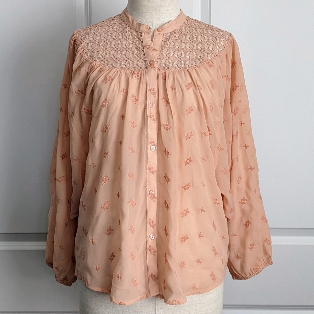 Lucky Brand Blouse Embroidered Semi-Sheer Lace Button Front Rose Tan S/M NWT - Picture 3 of 14